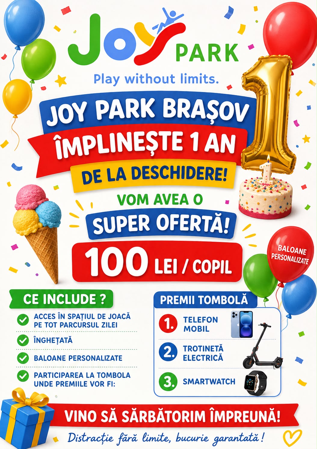 Joy Park Brașov împlinește 1 an de la deschidere — ofertă aniversară 100 lei/copil, cu înghețată, baloane personalizate și tombolă